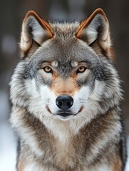 Obraz premium Majestic wolf gazing intently in a snowy forest during a winter afternoon surrounded by soft light and serene atmosphere