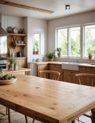 Fototapeta premium A large wooden table set against the backdrop of a blurred Scandinavian kitchen, blurred background, modern kitchen, kitchen furniture