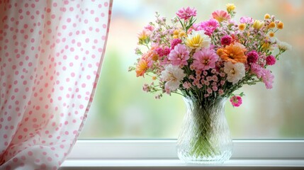 Freshly arranged colorful flowers in a glass vase near a sunny window with polka dot curtain