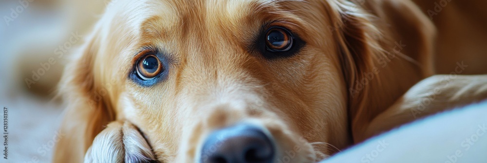 Poster golden retriever resting on soft surface with soulful eyes in cozy indoor setting. generative ai