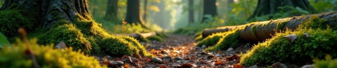 Fototapeta premium Mellow forest floor with decaying logs and moss, forest floor, natural