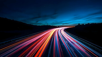 Dynamic Night Highway Traffic With Blurry Light Trails And Long Exposure