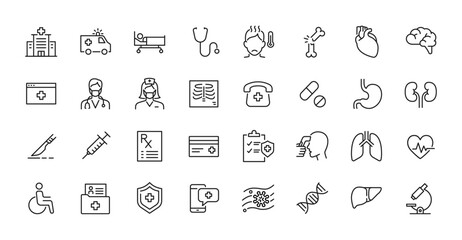 Medical and healthcare insurance related icon set - Editable stroke, Pixel perfect at 64x64