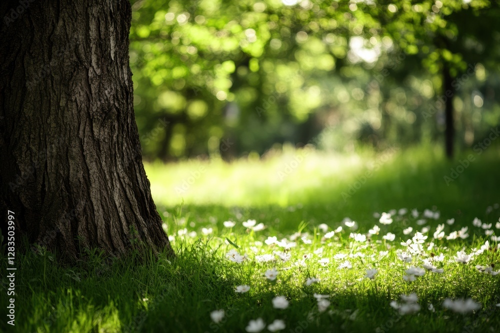 Leinwandbilder Sunlight filters through trees in a serene park filled with wildflowers during a calm summer afternoon. Generative AI
