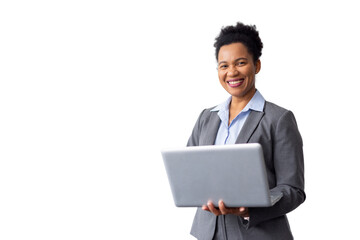 Skilled African American business leader balancing a laptop while working
