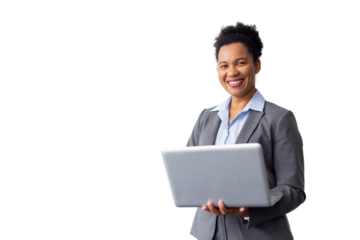 Skilled African American business leader balancing a laptop while working