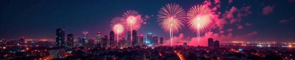 New Year fireworks exploding in the sky over a cityscape at midnight, celebration night, cityscape