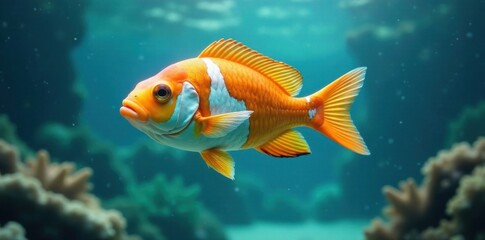 Fototapeta premium Fish swimming in front of a white floating object , swimming, white float, marine life