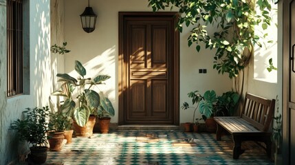 A sunlit indoor courtyard with Indian-style wooden doors, pastel-colored Sicilian tiles, lush potted plants, and a rustic stone bench.