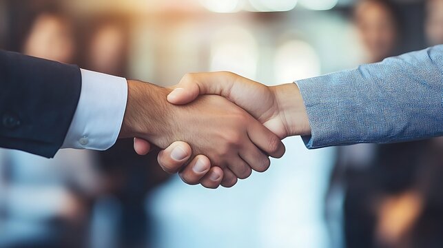 A successful business deal being celebrated with a handshake between two professionals, diverse team members smiling in the background, modern office with minimalist decor,
