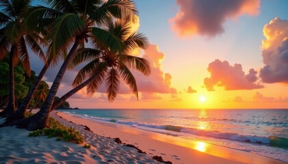 Palm trees sway gently on a tropical sandy beach at sunset, ocean, sandy