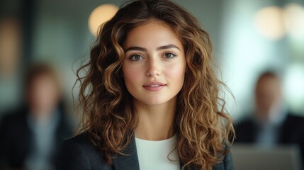 Fototapeta premium Professional young woman with curly hair poses confidently in a modern office environment during a workday meeting with colleagues