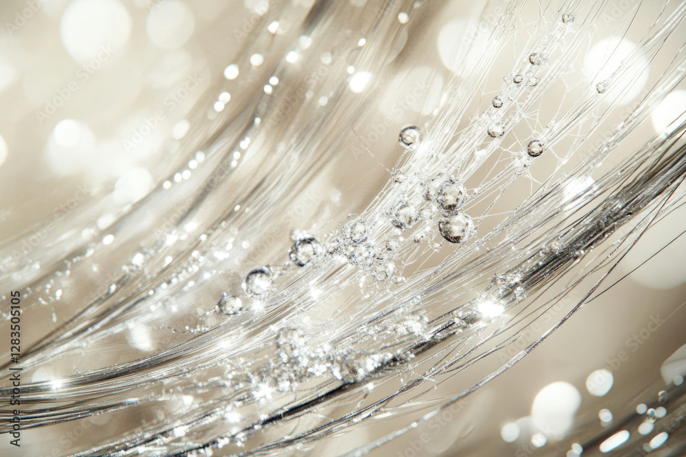 Poster delicate silver strands adorned with glistening water droplets, creating a luxurious and ethereal vi
