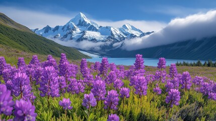 Obraz premium Lush purple flowers bloom vibrantly in front of majestic snow-capped mountains and a serene lake under a clear blue sky during a sunny day in spring