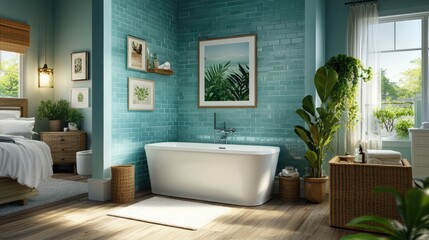Fototapeta premium A transitional space between bedroom and bathroom, with a newly installed bathtub and fresh tilework blending the two areas.