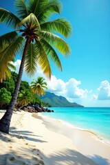 Fototapeta premium Seaside landscape with sandy beach, turquoise water, and palm trees in full bloom, scenery, ocean