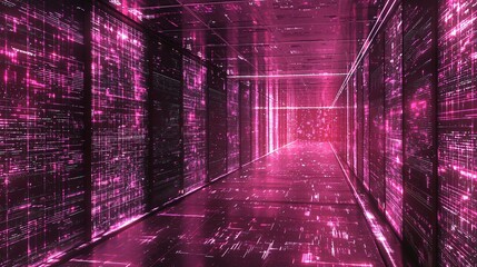 futuristic abstract corridor with neon pink light and data patterns