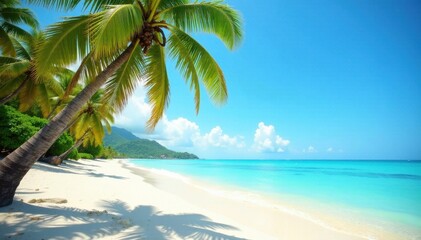 Seaside scenery of palm trees swaying in the breeze amidst turquoise water and warm sandy shore, sand, palm tree