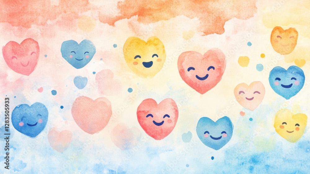 Fototapete Colorful watercolor hearts with smiling faces create a joyful atmosphere in a whimsical setting. Generative AI