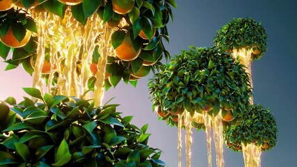 Floating citrus trees with golden juice streams flowing from their branches, suspended in midair and illuminated by soft sunlight.
- Powered by Adobe