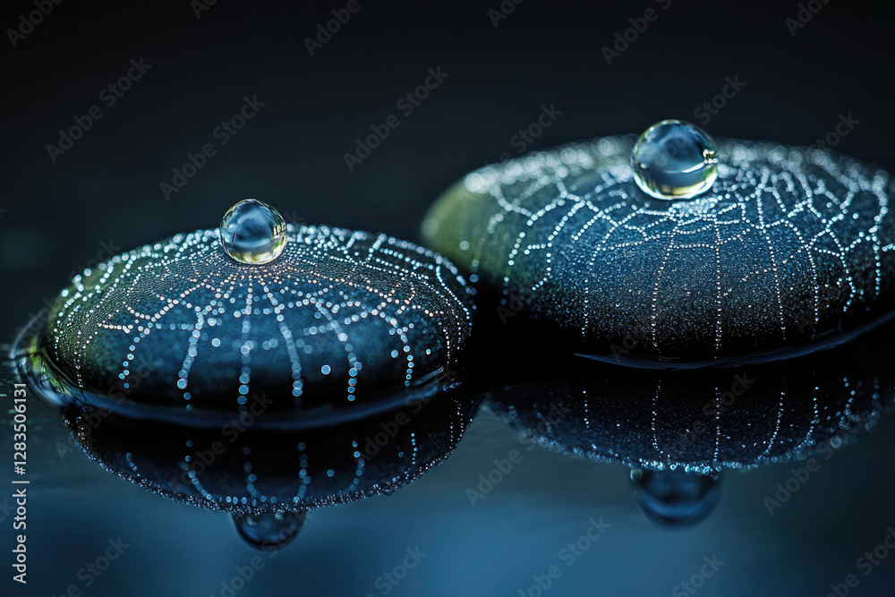 Poster two dark stones adorned with water droplets and intricate patterns resembling spiderwebs, reflecting