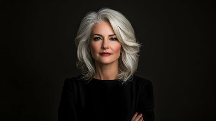 Fototapeta premium Confident mature woman portrait, dark background, studio shot, for business profile