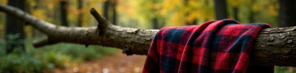 Flannel shirt draped over a worn wooden tree branch, trees, rustic, flannel