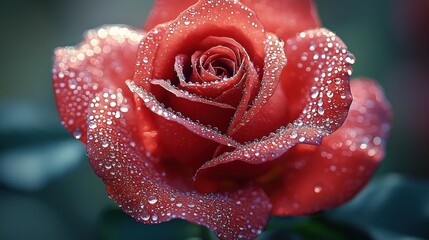 Beautiful red rose adorned with water droplets in a lush green garden during early morning light