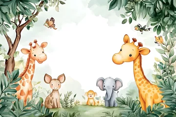 Fototapete Rund Cute cartoon safari zoo with animal frame border on background in watercolor style. © Jack