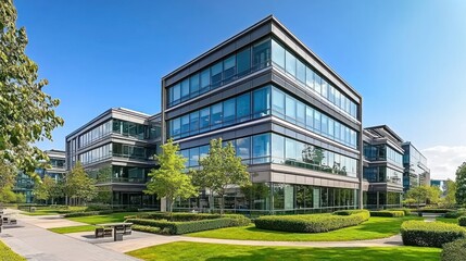 Modern office park, sunny day, landscaped grounds, corporate setting, business