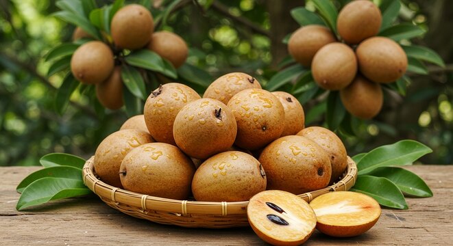 Freshly harvested sapodilla fruits displayed in a woven basket