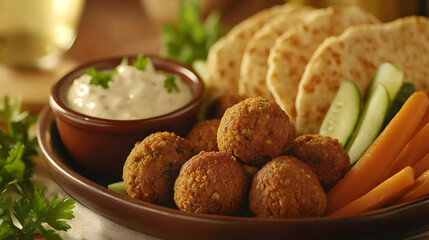 A plate of falafel balls with pita bread, vegetables, and a yogurt dip.