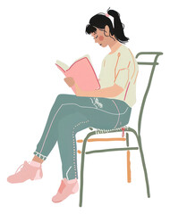 PNG Girl reading book on chair person illustrated furniture.