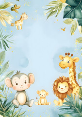 Naklejka premium A playful illustration featuring cute jungle animals in a vibrant, leafy setting.