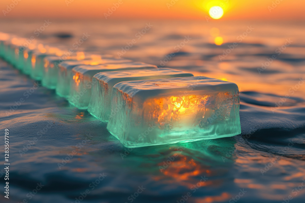Poster Illuminated ice cubes line a tranquil ocean at sunset, creating a mesmerizing scene.