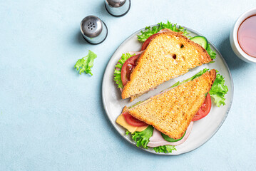 Healthy sandwich with ham, cheese and vegetables