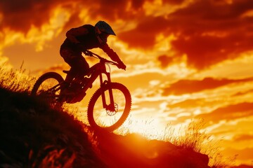 Naklejka premium Mountain biker rides against a stunning sunset backdrop with vibrant colors illuminating the sky