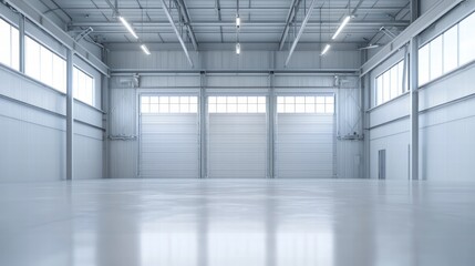 Obraz premium Minimalist Warehouse Space: A spacious, light-filled warehouse, emphasizing the purity of its industrial design, inviting an appreciation for functionality.