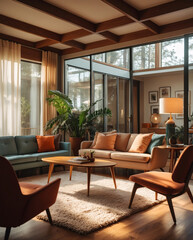 Colorful Ethnic Mid Century Living Room with Wooden Chairs Table and Tropical Plants for a Stylish and Cozy Vibe Earth Tone Modern Interior design inspiration