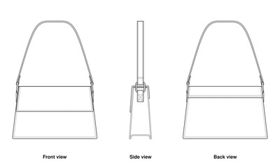 Minimalist Shoulder Bag Technical Fashion Illustration. Handbag Vector Template. Front, Side, and Back View. Elegant Silhouette. Adjustable Strap. CAD Mockup set.