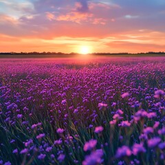 Naklejka premium Vibrant Purple Flower Field at Sunset with Blooms