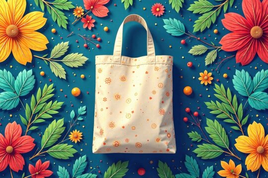 Flat technical drawing of an eco bag design, featuring a repeating pattern, , graphic design, eco fashion