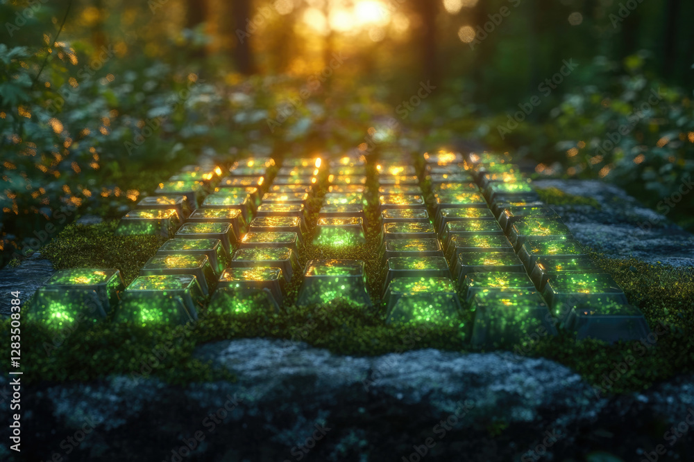 Fototapete glowing keyboard keys embedded in moss-covered rocks in a forest, illuminated by sunlight.