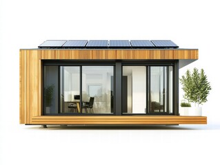 Modern Sustainable Cabin: Captivating architectural rendering showcasing a cutting-edge, sustainable cabin, seamlessly integrating eco-friendly features like solar panels and a minimalist design.
