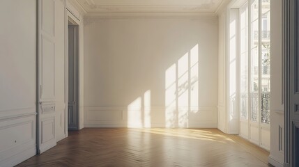 Obraz premium Minimalist living room with white walls and wood floor, empty space, natural ambient light