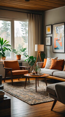 Fototapeta premium Colorful Mid Century Living Room Design Featuring Wooden Furniture Tropical Plants and Ethnic Decorative Touches Earth Tone Modern Interior design inspiration