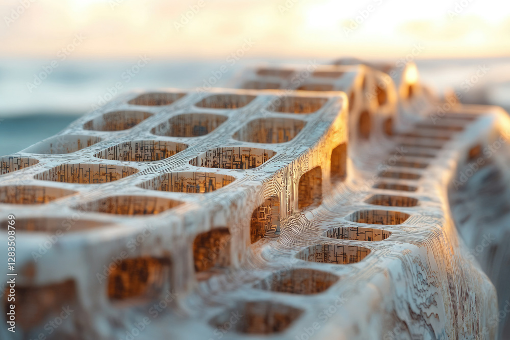Aufkleber intricate, biomorphic structure with repeating cellular patterns, bathed in warm sunset light.