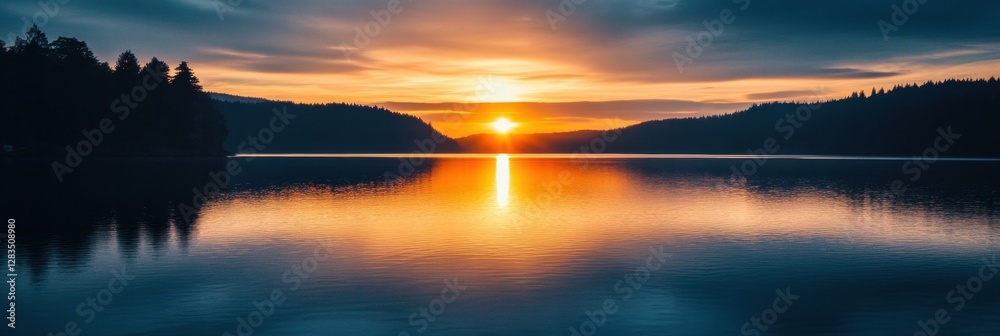 Poster Sunset reflects on calm lake at twilight surrounded by dense pine forest with serene atmosphere. Generative AI