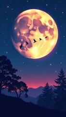 Fototapeta premium Flock of birds silhouetted against a full moon night sky with stars and trees in the foreground , birds, wildlife, sky