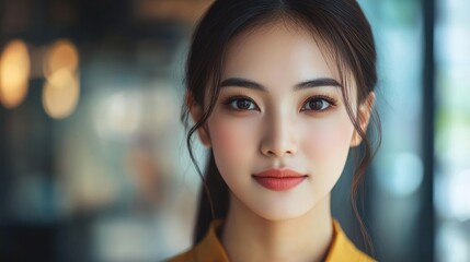 Asian woman portrait, cafe background, confident look, possible use for beauty, fashion, or lifestyle magazines